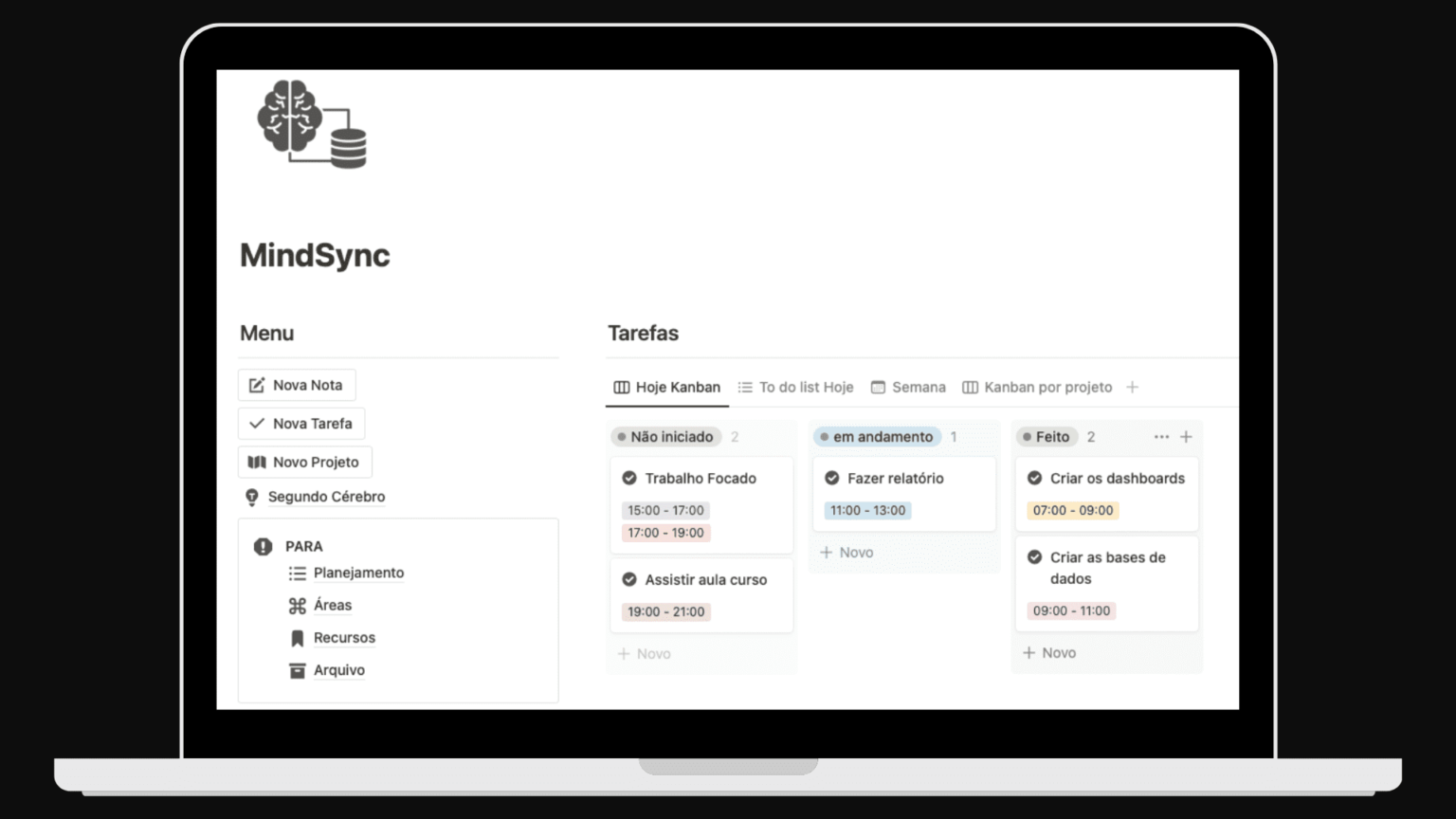 Interface gráfica do usuário de um aplicativo de gerenciamento de tarefas chamado MindSync exibida em um monitor, mostrando diferentes seções como menu à esquerda e lista de tarefas com status como 'Não iniciado', 'Em andamento' e 'Feito' à direita.