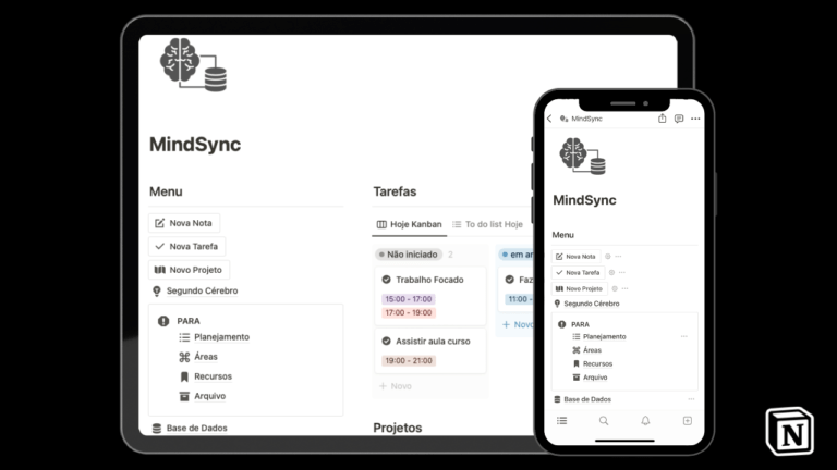 Interface de usuário do aplicativo MindSync em dois dispositivos, um tablet e um smartphone, exibindo o menu e as tarefas planejadas.